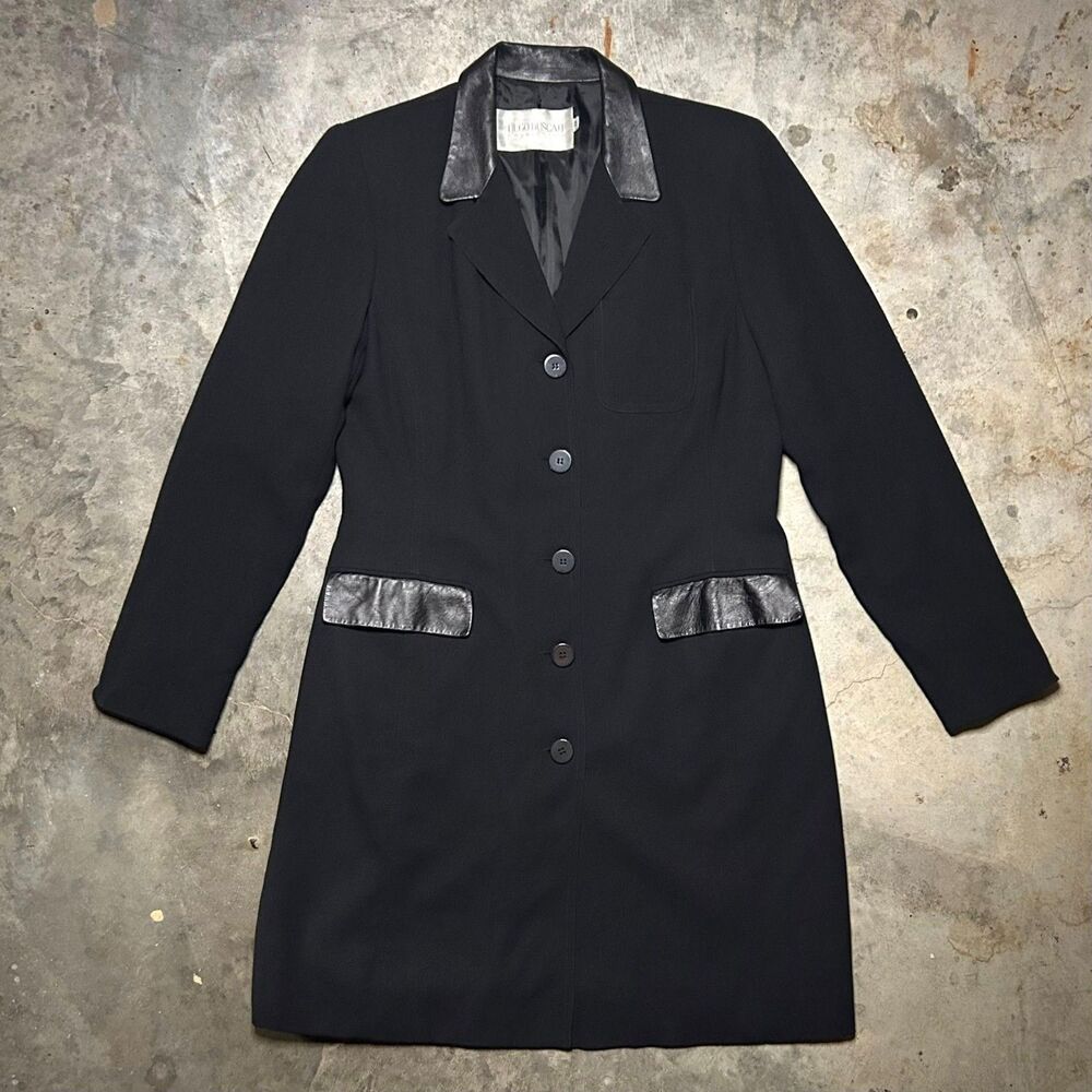 Hugo Buscatti Vintage 90s Black Long Blazer Leather Accents USA